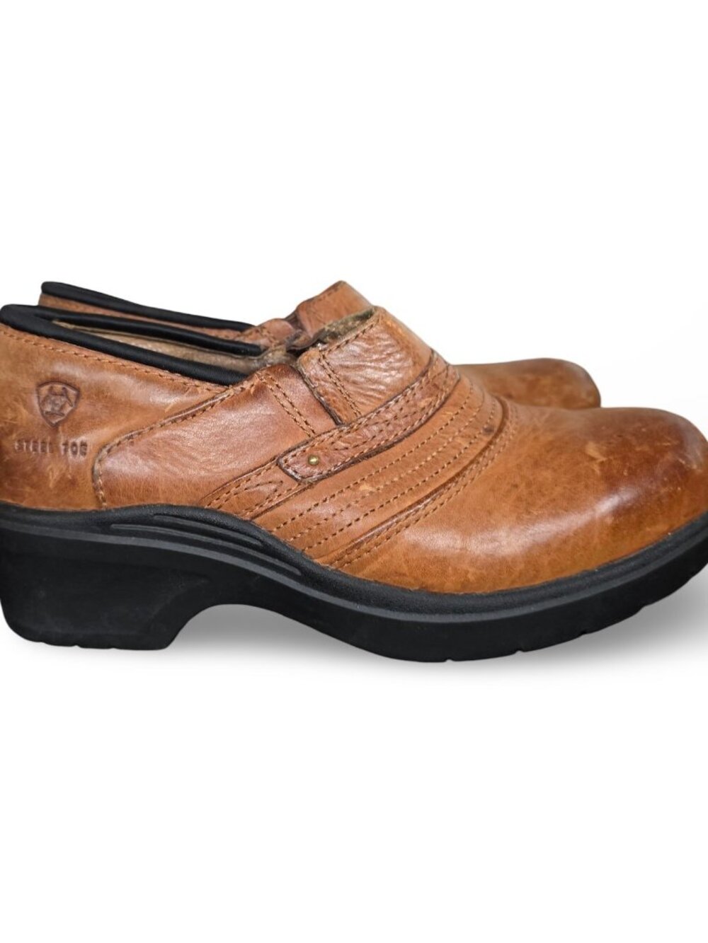 Ariat Women's 8B Steel Toe Leather Clogs Mules Brown Work Shoes Slip Resist